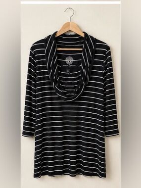 Vince Camuto Black White Striped Cowl Neck Tunic Top stretch XL